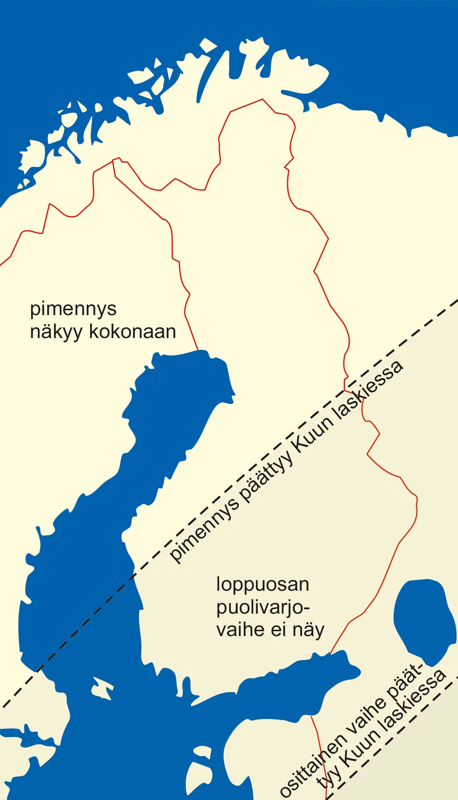 Pimennyksen näkyminen Suomessa. Pimennyksen loppuosan puolivarjovaihe ei näy Etelä-Suomessa