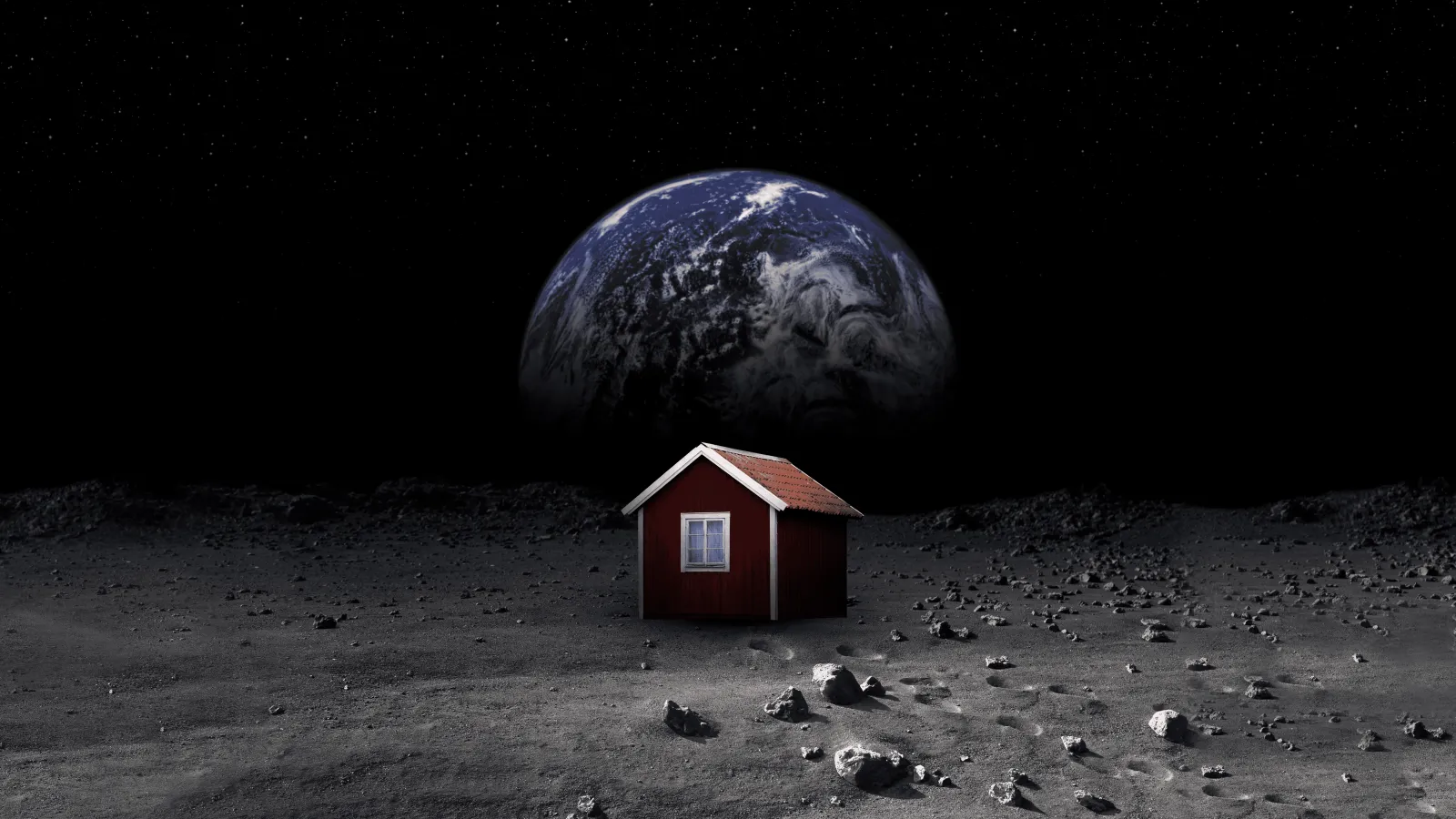 MoonHouse piirrettynä Kuun pinnalle maapallo taustalla