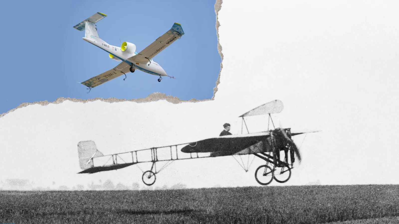 Bleriot'n vanha kone ja uusi E-fan kuvakoosteessa