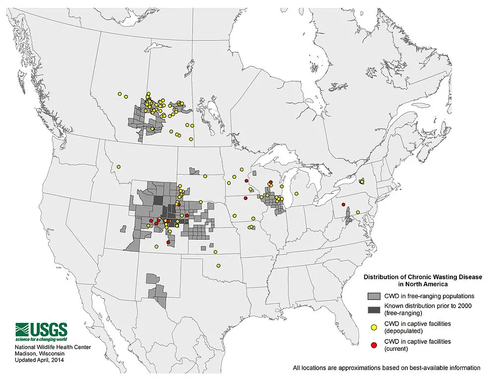 Näivetystaudin esiintymisalue Pohjois-Amerikassa. Kuva: USGS, National Wildlife Health Center