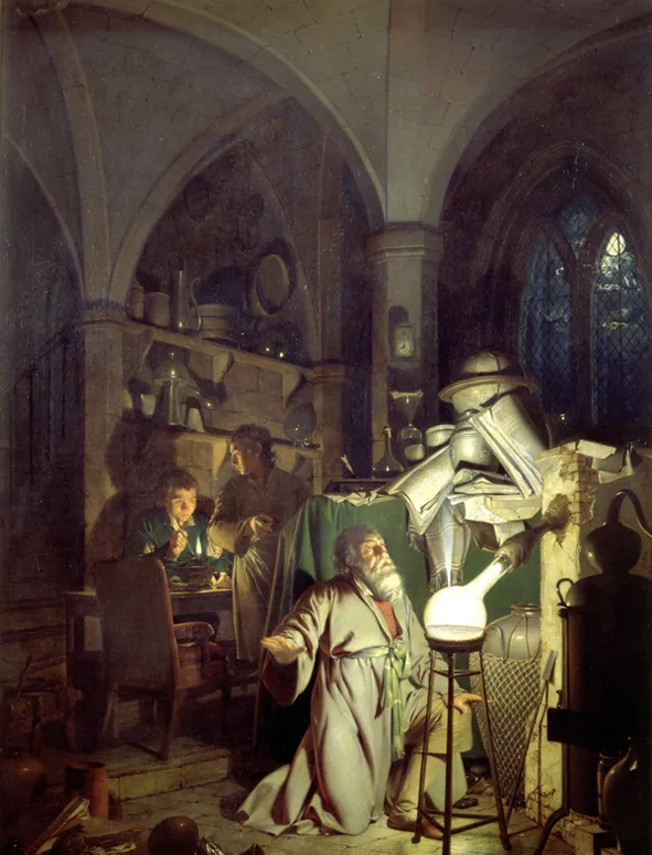 <strong>Joseph Wrigh</strong>: <cite>Alkemisti etsimässä viisasten kiveä (The Alchymist, in Search of the Philosopher’s Stone, Discovers Phosphorus, and prays for the successful Conclusion of his operation, as was the custom of the Ancient Chymical Astrologers)</cite> 1771 