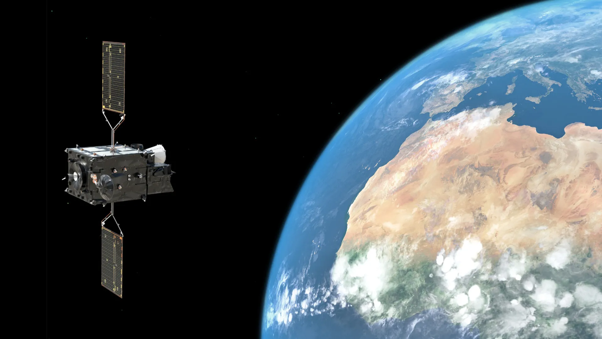 Piirros satelliitista avaruudessa katsomassa kohti maapalloa