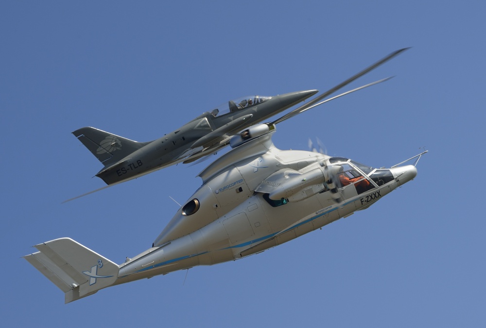 X3 muodostelmassa lentoa seuranneen Albatross-suihkuhävittäjän kanssa. Kuva: Eurocopter / Alain_Ernoult