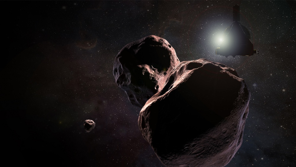 MU69:n kuu ja New Horizons (piirros)