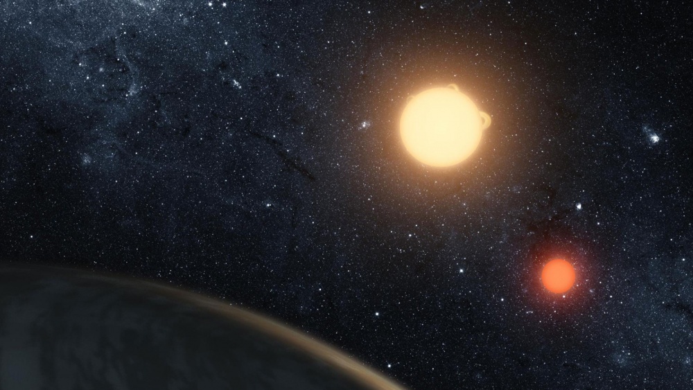 Hahmotelma Kepler 16-b -tähtijärjestelmästä.