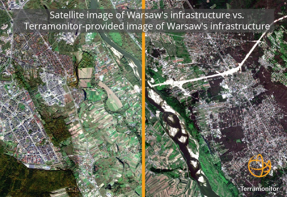 Satelliittikuva Varsovasta Terramonitorin käsittelemä (oik) ja ilman käsittelyä (vas).