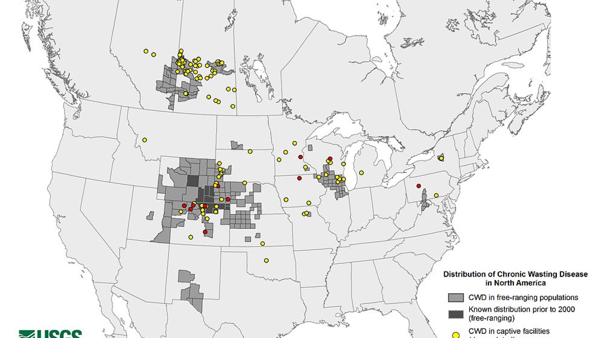 Näivetystaudin esiintymisalue Pohjois-Amerikassa. Kuva: USGS, National Wildlife Health Center