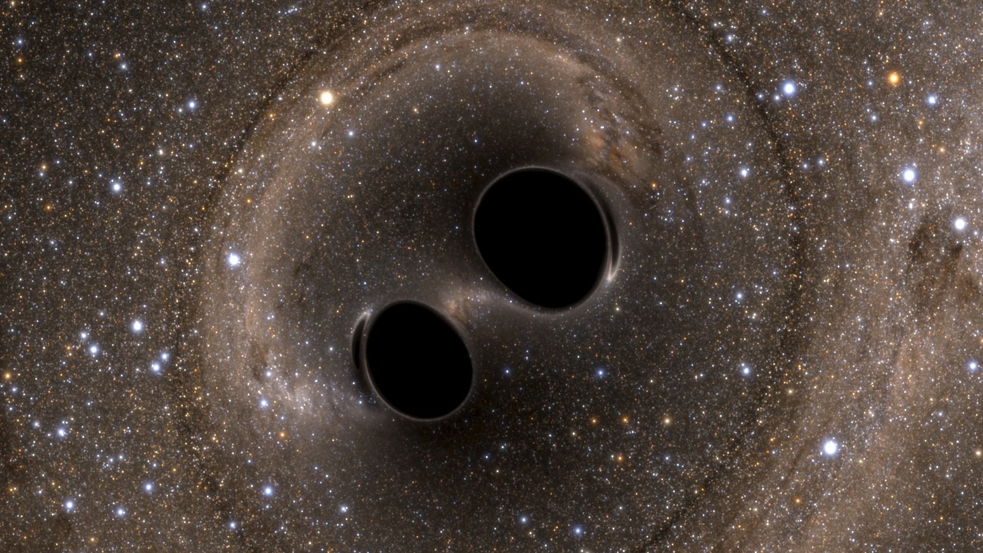 Tietokoneella tehty visualisointi kahdenmustan aukon törmäämisestä vuodelta 2016, jolloin Ligo havaitsi ensimmäiset varmat signaalinsa. Kuva: LIGO Laboratory