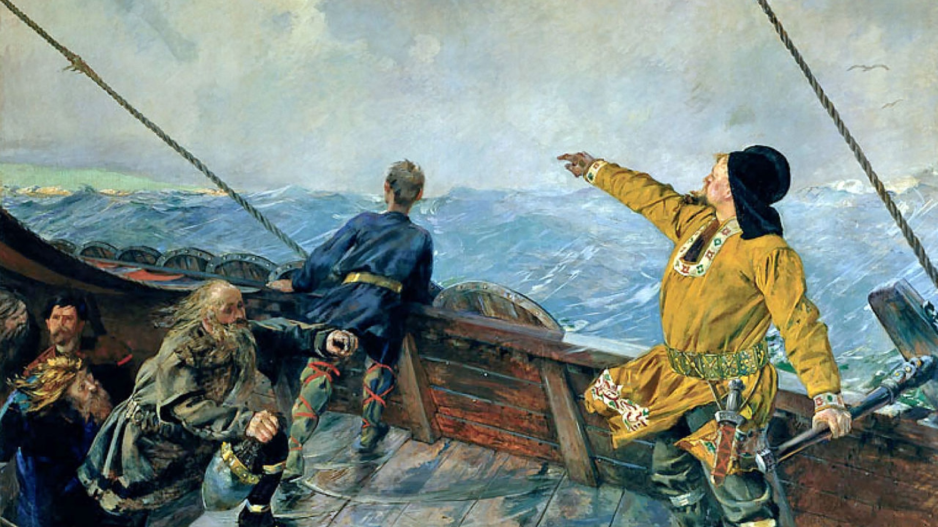 Maalaus: Leifr Eiriksson löytää Pohjois-Amerikan. (Christian Krohg, 1893)