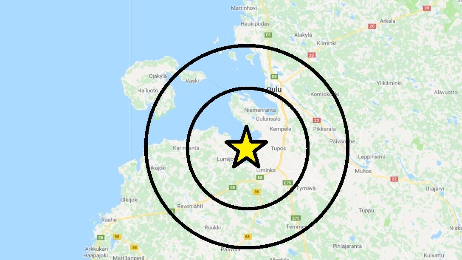 Yksinkertainen kartta järistysalueesta