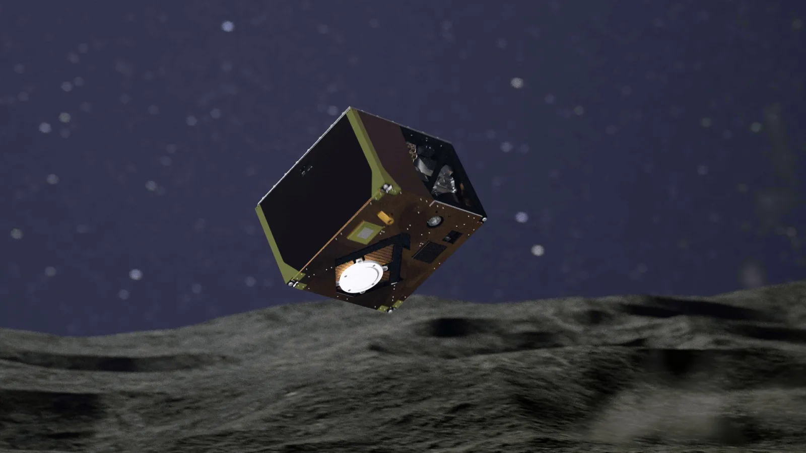 Piirros näyttää MASCOT-laskeutujan lähellä asteroidin pintaa