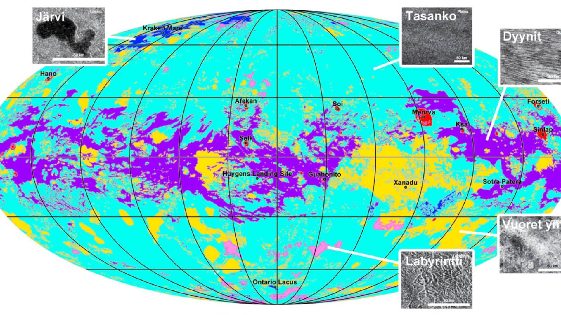 Titanin geomorfologinen kartta (Lopes ja kumpp. 2019)