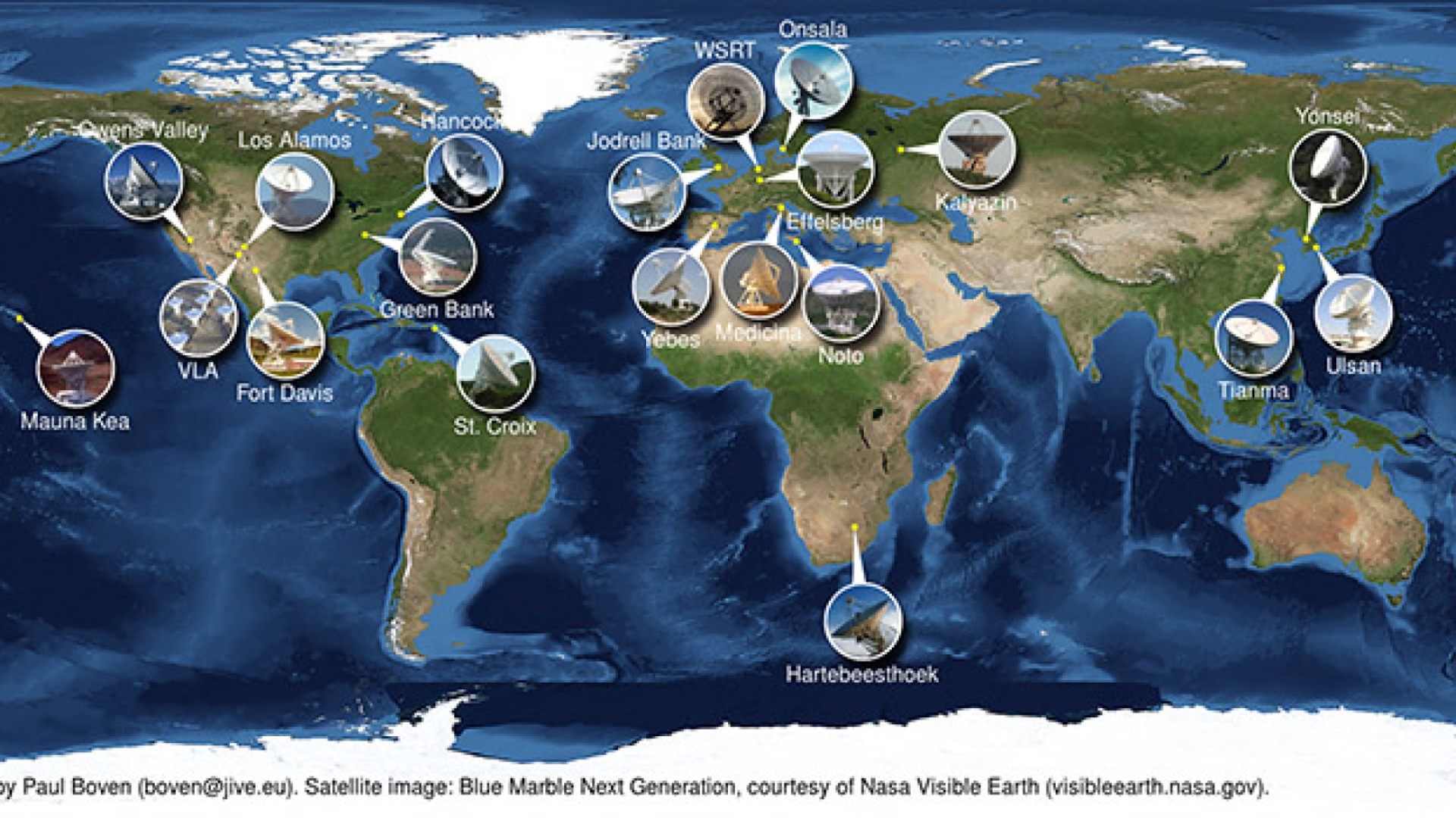 Osa havaintojen tekoon maanpinnalta osallistuneiden radioteleskooppien verkostosta. Kuva: Paul Boven; satelliittikuva: Blue Marble Next Generation, NASA Visible Earth.