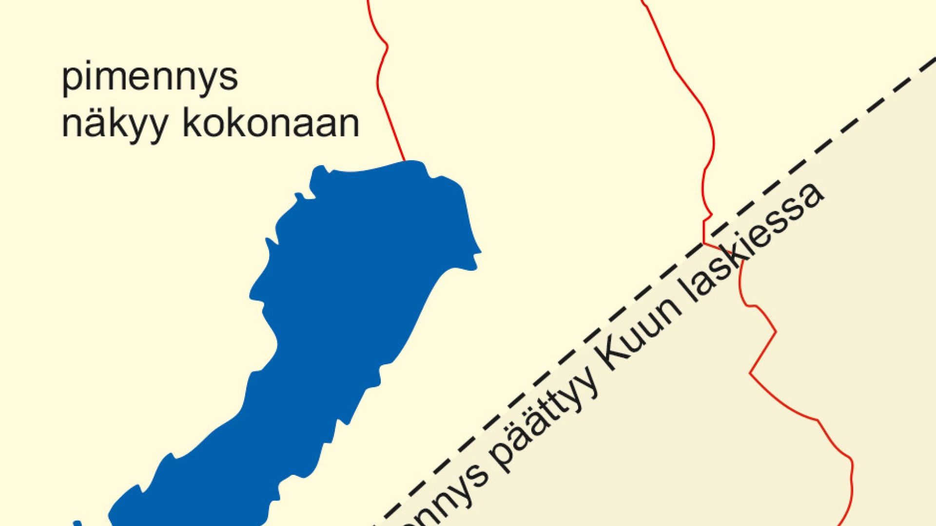 Pimennyksen näkyminen Suomessa. Pimennyksen loppuosan puolivarjovaihe ei näy Etelä-Suomessa