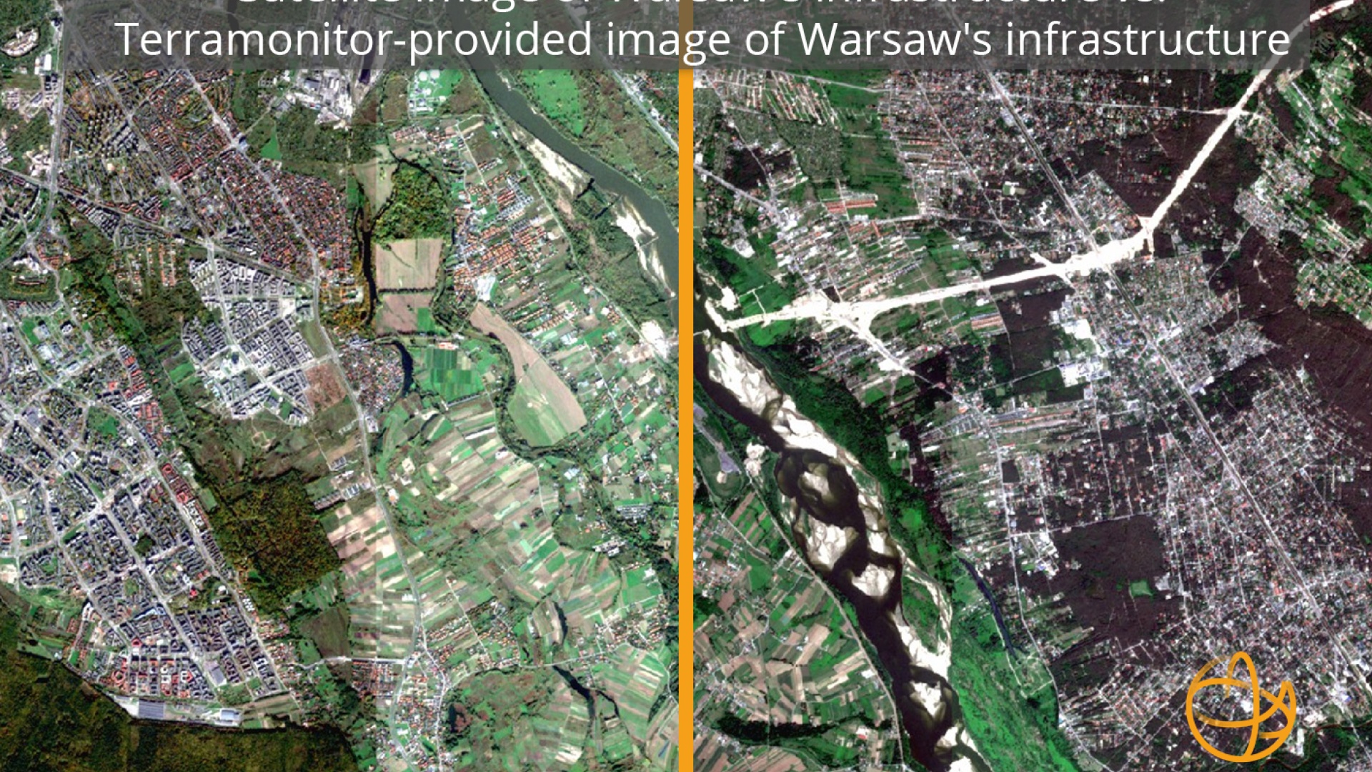 Satelliittikuva Varsovasta Terramonitorin käsittelemä (oik) ja ilman käsittelyä (vas).