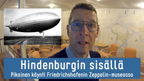 Videon otsikkokuva: Jari Mäkinen ilmalaivan matkustamon mallin sisällä