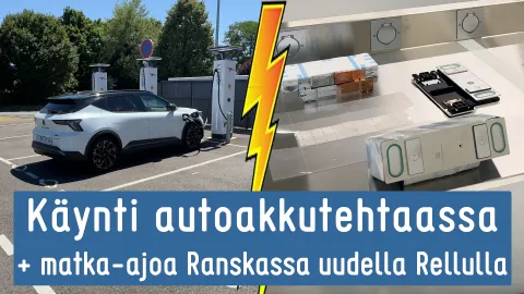 Videon otsikkokuvassa Renault latauksessa ja akkuja.