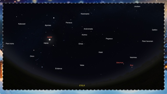 Talvi-illan tähtitaivas. Kartta: Stellarium/Tiedetuubi